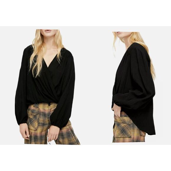(S) $78 FREE PEOPLE Check On It Draped Wrap Black Long Sleeve Relaxed Blouse Top - Picture 1 of 4